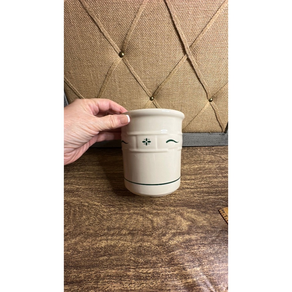 Longaberger Pottery Woven Traditions Heritage Green Pattern Utensil Crock